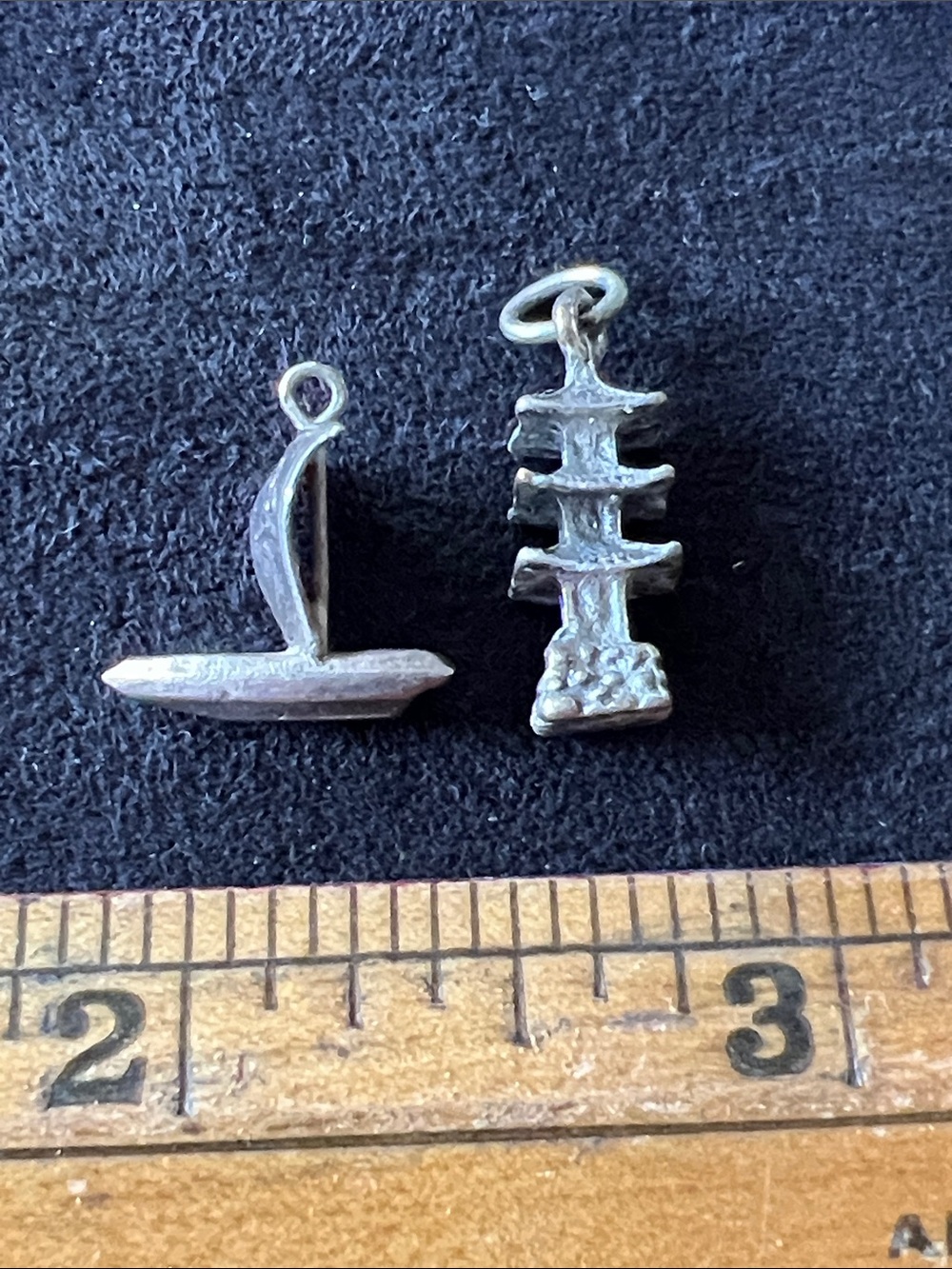 2 Vintage Sterling Silver Asian Pagoda & Boat charms